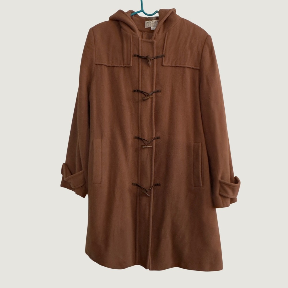 Larry Levine Design Camel Brown 100% Merino Wool Hooded Duffle Coat Size 16